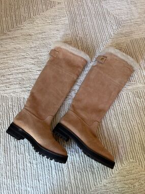 New Stuart Weitzman Alpine Shearling Trim Leather Knee High Leather Boots size 7